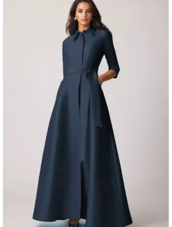 A-Line Evening Gown Elegant Dress Formal Wedding Guest Floor Length Half Sleeve Lapel Pocket Stretch Satin with Bow(s) Pocket Strappy