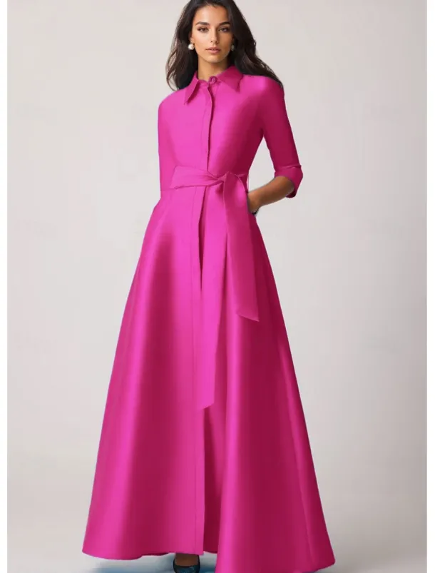 A-Line Evening Gown Elegant Dress Formal Wedding Guest Floor Length Half Sleeve Lapel Pocket Stretch Satin with Bow(s) Pocket Strappy