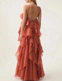 A-Line Evening Gown Elegant Dress Formal Evening Party Floor Length Sleeveless Halter Neck Organza with Flowers and Ruffles