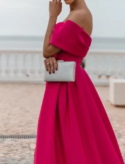 A-Line Evening Gown Elegant Dress Formal Wedding Court Train Sleeveless Off Shoulder Bridesmaid Dress Satin with Ruched Slit