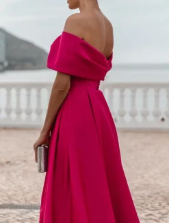 A-Line Evening Gown Elegant Dress Formal Wedding Court Train Sleeveless Off Shoulder Bridesmaid Dress Satin with Ruched Slit