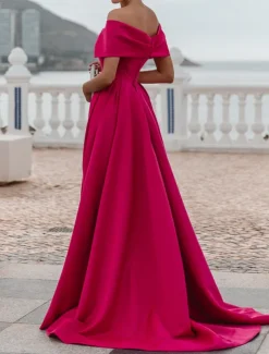 A-Line Evening Gown Elegant Dress Formal Wedding Court Train Sleeveless Off Shoulder Bridesmaid Dress Satin with Ruched Slit