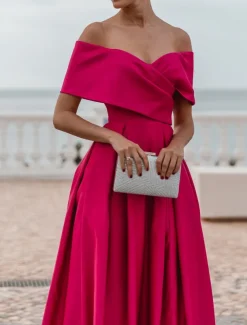 A-Line Evening Gown Elegant Dress Formal Wedding Court Train Sleeveless Off Shoulder Bridesmaid Dress Satin with Ruched Slit