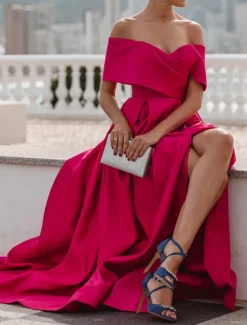 A-Line Evening Gown Elegant Dress Formal Wedding Court Train Sleeveless Off Shoulder Bridesmaid Dress Satin with Ruched Slit