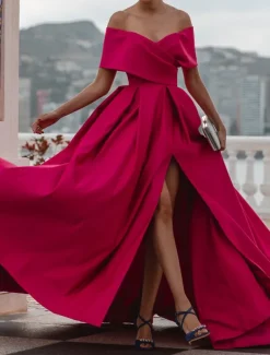 A-Line Evening Gown Elegant Dress Formal Wedding Court Train Sleeveless Off Shoulder Bridesmaid Dress Satin with Ruched Slit