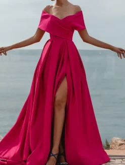 A-Line Evening Gown Elegant Dress Formal Wedding Court Train Sleeveless Off Shoulder Bridesmaid Dress Satin with Ruched Slit