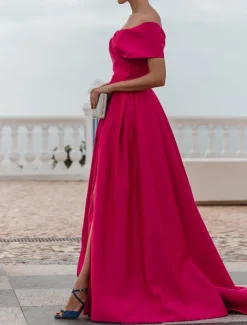 A-Line Evening Gown Elegant Dress Formal Wedding Court Train Sleeveless Off Shoulder Bridesmaid Dress Satin with Ruched Slit