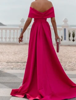 A-Line Evening Gown Elegant Dress Formal Wedding Court Train Sleeveless Off Shoulder Bridesmaid Dress Satin with Ruched Slit