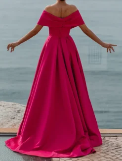 A-Line Evening Gown Elegant Dress Formal Wedding Court Train Sleeveless Off Shoulder Bridesmaid Dress Satin with Ruched Slit