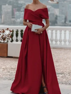 A-Line Evening Gown Elegant Dress Formal Wedding Court Train Sleeveless Off Shoulder Bridesmaid Dress Satin with Ruched Slit