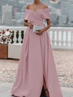 A-Line Evening Gown Elegant Dress Formal Wedding Court Train Sleeveless Off Shoulder Bridesmaid Dress Satin with Ruched Slit