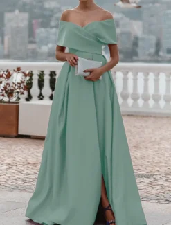 A-Line Evening Gown Elegant Dress Formal Wedding Court Train Sleeveless Off Shoulder Bridesmaid Dress Satin with Ruched Slit