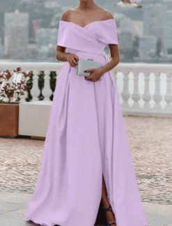 A-Line Evening Gown Elegant Dress Formal Wedding Court Train Sleeveless Off Shoulder Bridesmaid Dress Satin with Ruched Slit
