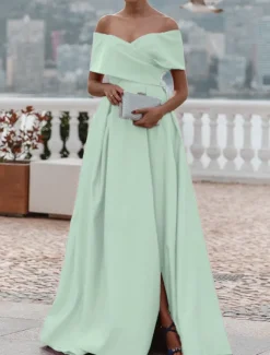 A-Line Evening Gown Elegant Dress Formal Wedding Court Train Sleeveless Off Shoulder Bridesmaid Dress Satin with Ruched Slit