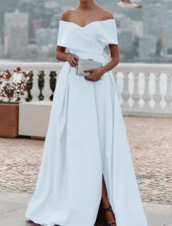 A-Line Evening Gown Elegant Dress Formal Wedding Court Train Sleeveless Off Shoulder Bridesmaid Dress Satin with Ruched Slit
