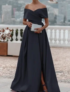 A-Line Evening Gown Elegant Dress Formal Wedding Court Train Sleeveless Off Shoulder Bridesmaid Dress Satin with Ruched Slit
