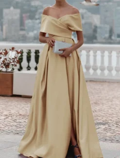 A-Line Evening Gown Elegant Dress Formal Wedding Court Train Sleeveless Off Shoulder Bridesmaid Dress Satin with Ruched Slit