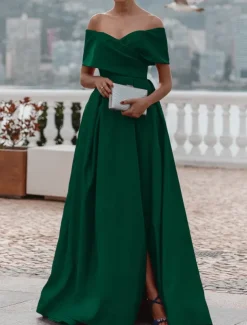 A-Line Evening Gown Elegant Dress Formal Wedding Court Train Sleeveless Off Shoulder Bridesmaid Dress Satin with Ruched Slit