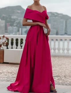 A-Line Evening Gown Elegant Dress Formal Wedding Court Train Sleeveless Off Shoulder Bridesmaid Dress Satin with Ruched Slit