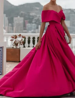 A-Line Evening Gown Elegant Dress Formal Wedding Court Train Sleeveless Off Shoulder Bridesmaid Dress Satin with Ruched Slit