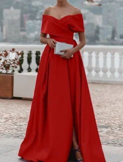 A-Line Evening Gown Elegant Dress Formal Wedding Court Train Sleeveless Off Shoulder Bridesmaid Dress Satin with Ruched Slit