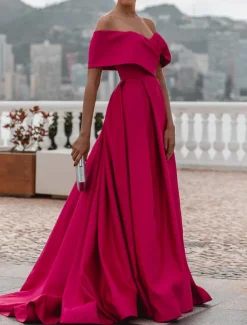 A-Line Evening Gown Elegant Dress Formal Wedding Court Train Sleeveless Off Shoulder Bridesmaid Dress Satin with Ruched Slit