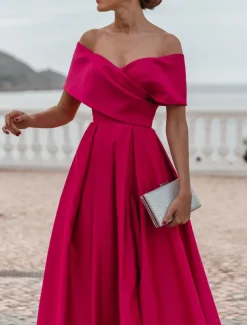 A-Line Evening Gown Elegant Dress Formal Wedding Court Train Sleeveless Off Shoulder Bridesmaid Dress Satin with Ruched Slit