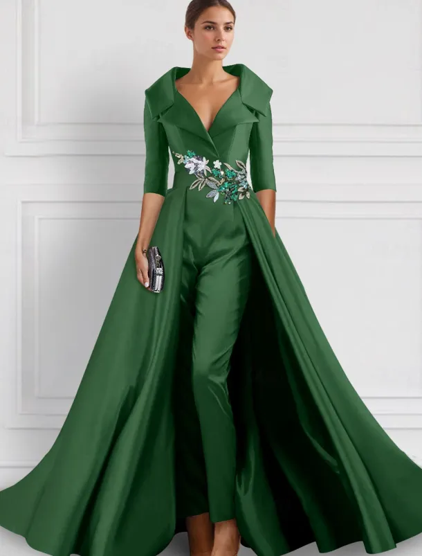 A-Line Evening Gown Elegant Overskirt Jumpsuit Dress Formal Wedding Floral Floor Length Half Sleeve Shirt Collar Satin with Slit Embroidery Appliques
