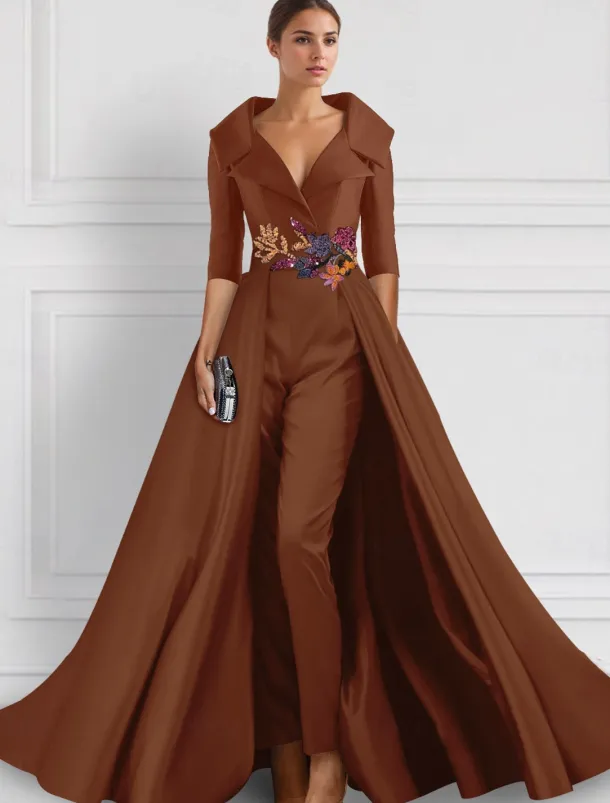 A-Line Evening Gown Elegant Overskirt Jumpsuit Dress Formal Wedding Floral Floor Length Half Sleeve Shirt Collar Satin with Slit Embroidery Appliques