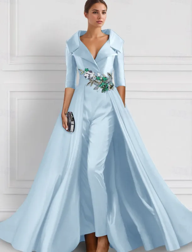 A-Line Evening Gown Elegant Overskirt Jumpsuit Dress Formal Wedding Floral Floor Length Half Sleeve Shirt Collar Satin with Slit Embroidery Appliques