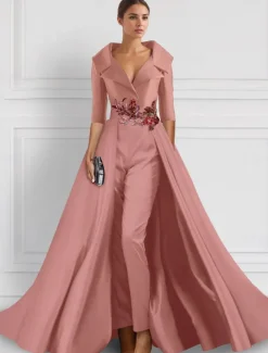 A-Line Evening Gown Elegant Overskirt Jumpsuit Dress Formal Wedding Floral Floor Length Half Sleeve Shirt Collar Satin with Slit Embroidery Appliques