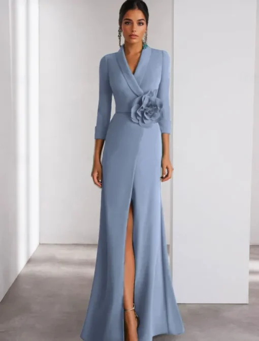 A-Line Evening Gown Elegant Dress Formal Wedding Floor Length Long Sleeve Shirt Collar Stretch Crepe with Slit Shouder Flower