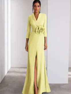 A-Line Evening Gown Elegant Dress Formal Wedding Floor Length Long Sleeve Shirt Collar Stretch Crepe with Slit Shouder Flower