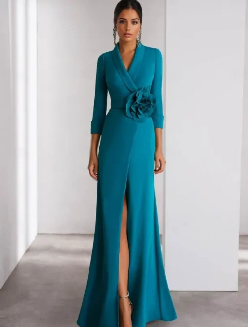 A-Line Evening Gown Elegant Dress Formal Wedding Floor Length Long Sleeve Shirt Collar Stretch Crepe with Slit Shouder Flower