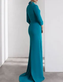 A-Line Evening Gown Elegant Dress Formal Wedding Floor Length Long Sleeve Shirt Collar Stretch Crepe with Slit Shouder Flower