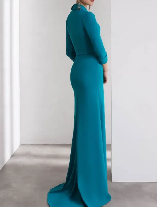 A-Line Evening Gown Elegant Dress Formal Wedding Floor Length Long Sleeve Shirt Collar Stretch Crepe with Slit Shouder Flower