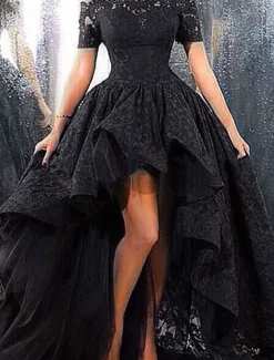 A-Line Evening Gown Elegant Dress Formal Wedding Guest Asymmetrical Short Sleeve Off Shoulder Lace with Ruffles Appliques