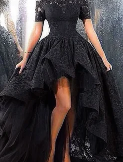 A-Line Evening Gown Elegant Dress Formal Wedding Guest Asymmetrical Short Sleeve Off Shoulder Lace with Ruffles Appliques