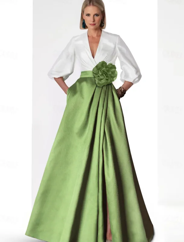 A-Line Evening Gown Elegant Dress Formal Floor Length 3/4 Length Sleeve V Neck Pocket Satin with Slit