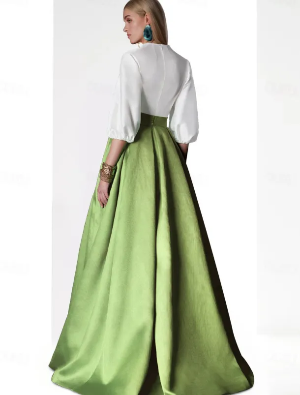 A-Line Evening Gown Elegant Dress Formal Floor Length 3/4 Length Sleeve V Neck Pocket Satin with Slit
