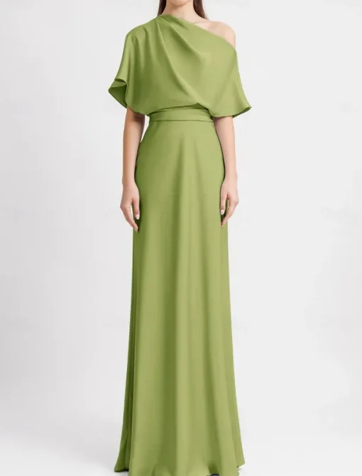 A-Line Evening Gown Elegant Dress Beach Wedding Formal Wedding Guest Floor Length Sleeveless One Shoulder Satin with Pleats Butterfly