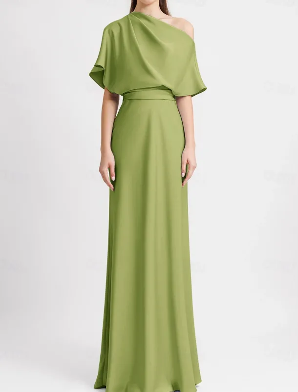 A-Line Evening Gown Elegant Dress Beach Wedding Formal Wedding Guest Floor Length Sleeveless One Shoulder Satin with Pleats Butterfly