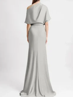 A-Line Evening Gown Elegant Dress Beach Wedding Formal Wedding Guest Floor Length Sleeveless One Shoulder Satin with Pleats Butterfly
