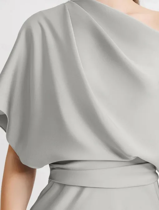 A-Line Evening Gown Elegant Dress Beach Wedding Formal Wedding Guest Floor Length Sleeveless One Shoulder Satin with Pleats Butterfly