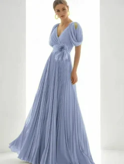 A-Line Evening Gown Elegant Dress Beach Wedding Formal Floor Length Short Sleeve V Neck Chiffon with Feather Ruched