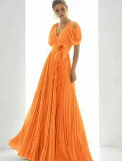 A-Line Evening Gown Elegant Dress Beach Wedding Formal Floor Length Short Sleeve V Neck Chiffon with Feather Ruched