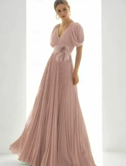 A-Line Evening Gown Elegant Dress Beach Wedding Formal Floor Length Short Sleeve V Neck Chiffon with Feather Ruched