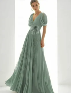 A-Line Evening Gown Elegant Dress Beach Wedding Formal Floor Length Short Sleeve V Neck Chiffon with Feather Ruched