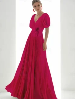 A-Line Evening Gown Elegant Dress Beach Wedding Formal Floor Length Short Sleeve V Neck Chiffon with Feather Ruched