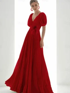 A-Line Evening Gown Elegant Dress Beach Wedding Formal Floor Length Short Sleeve V Neck Chiffon with Feather Ruched